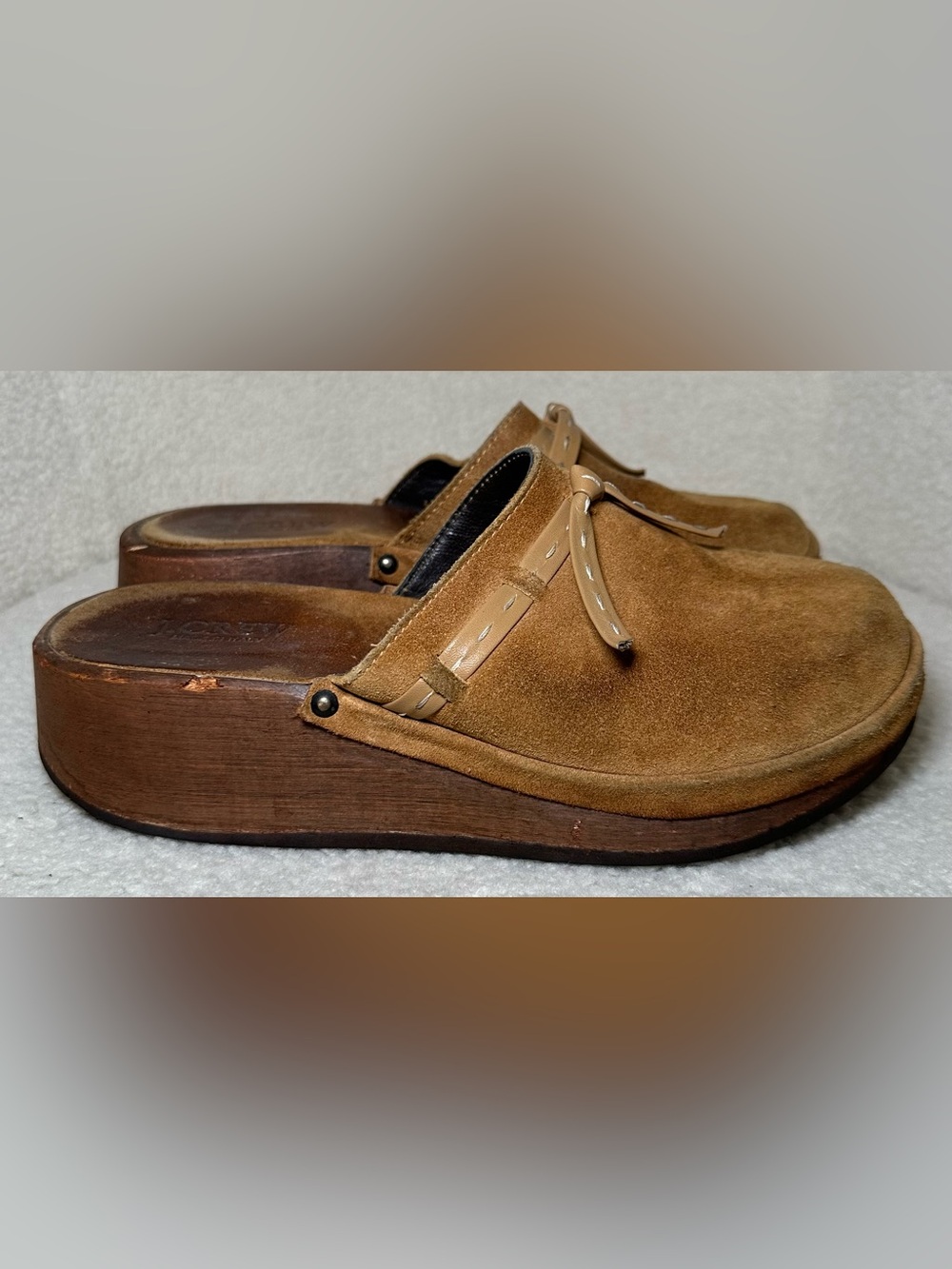 Vintage J.Crew Italian Suede Wooden Platform Clog Mules Boho Cottagecore 70’s 7‎